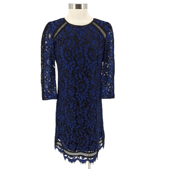 Eliza J Dresses & Skirts - Eliza J Fit Flare Dress Blue Black Lace Sheer 3/4 Sleeve Zip Back Lined 8